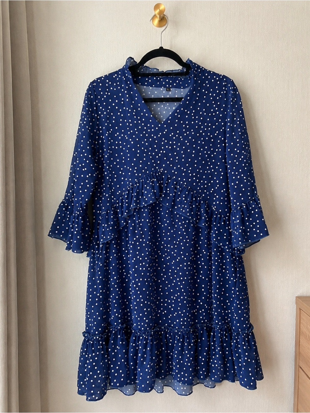 Womens Navy Blue Polka Dot Ruffle Dress